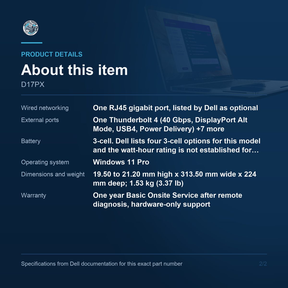 Dell Pro 14 Plus PB14250 Touch Laptop Core Ultra 7 265U D17PX additional product details