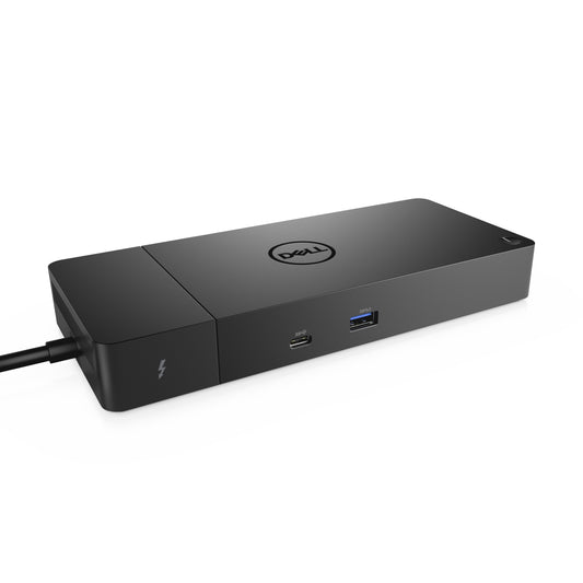 Dell Thunderbolt Dock WD19TBS — dock three-quarter view with the Thunderbolt bolt on the module face