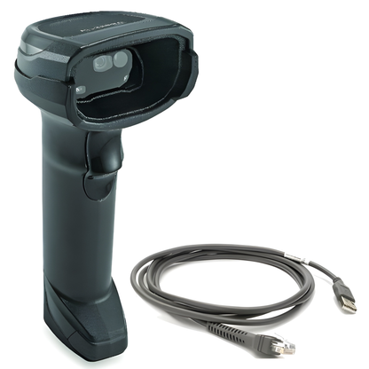 Zebra DS8108 corded 2D barcode scanner in Twilight Black with shielded USB cable, alternate view