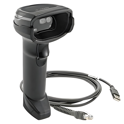Zebra DS8108 corded 2D barcode scanner in Twilight Black with its shielded USB cable