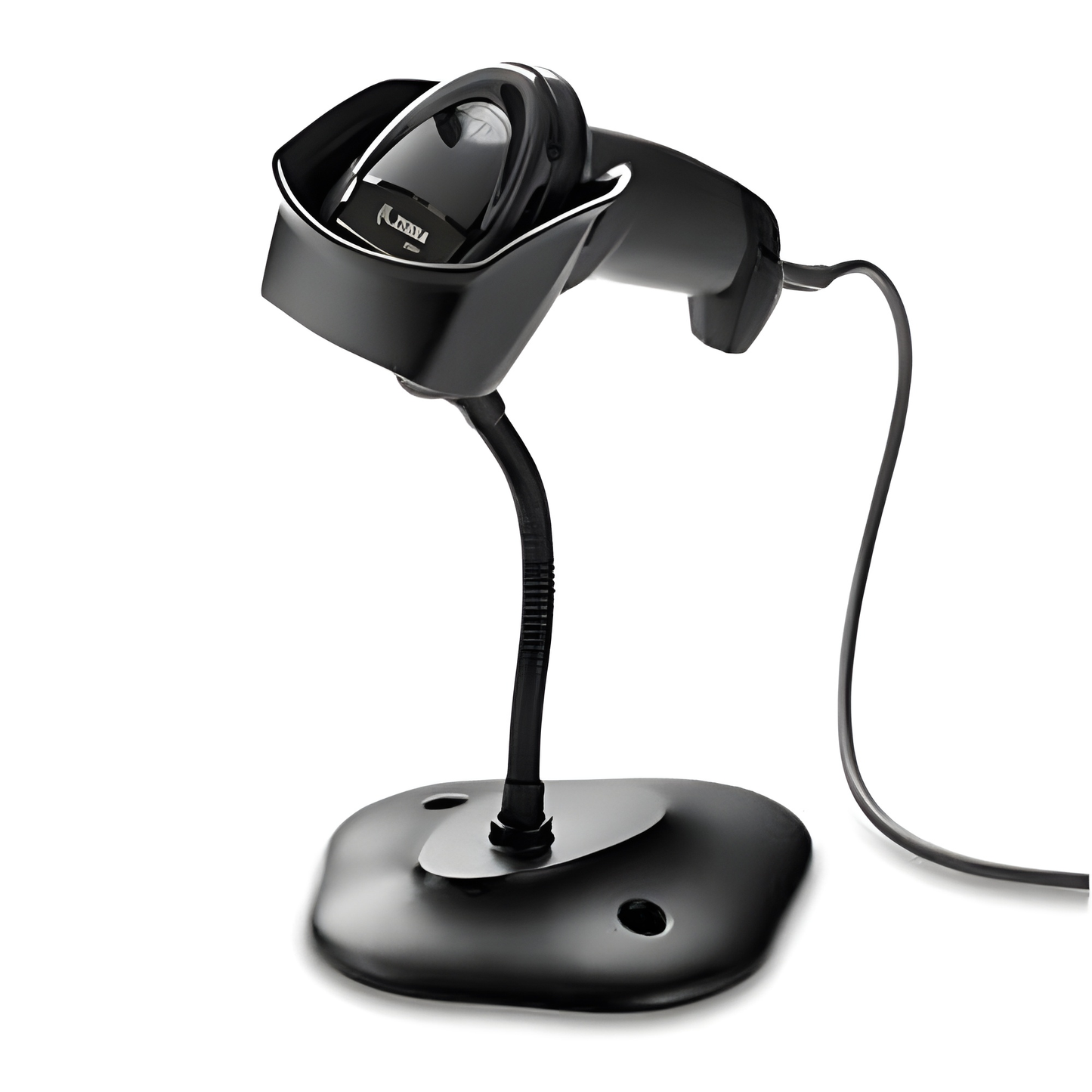 Zebra DS8108 corded 2D barcode scanner in Twilight Black seated in its bundled gooseneck stand