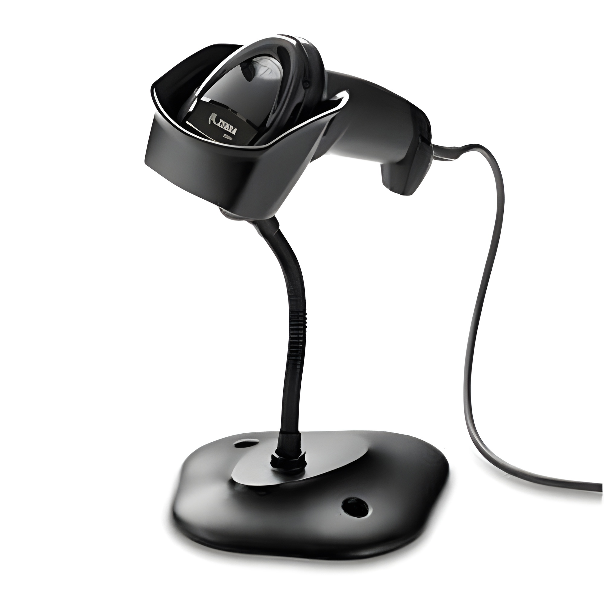 Zebra DS8108 corded 2D barcode scanner in Twilight Black seated in its bundled gooseneck stand