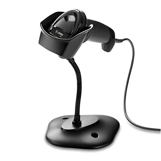 Zebra DS8108 corded 2D barcode scanner in Twilight Black seated in its bundled gooseneck stand
