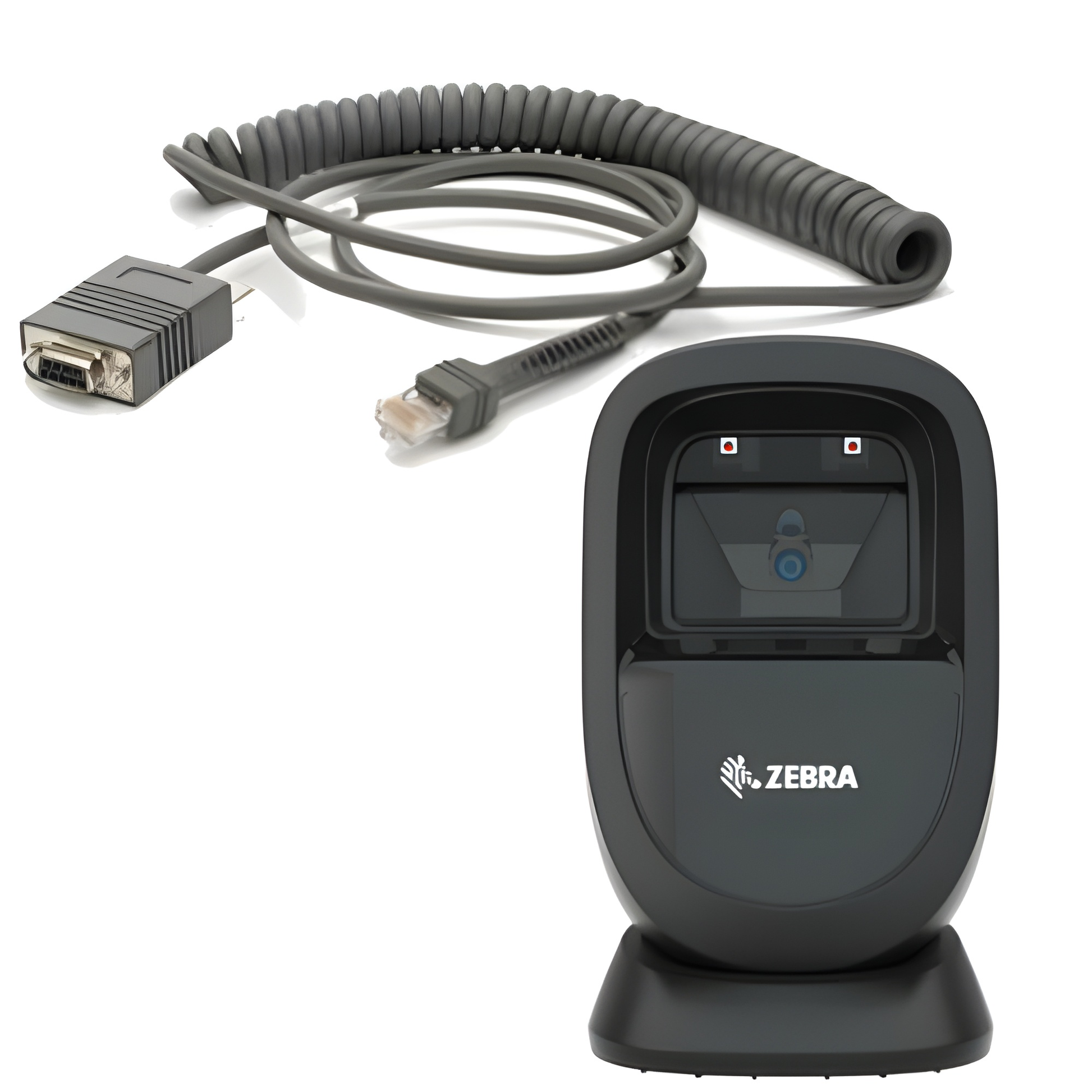 Zebra DS9308-SR presentation barcode scanner in Midnight Black with its coiled RS-232 Verifone cable