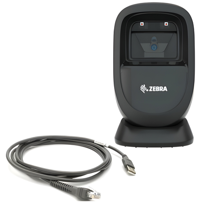 Zebra DS9308-SR presentation barcode scanner in Midnight Black, angled view on its counter stand