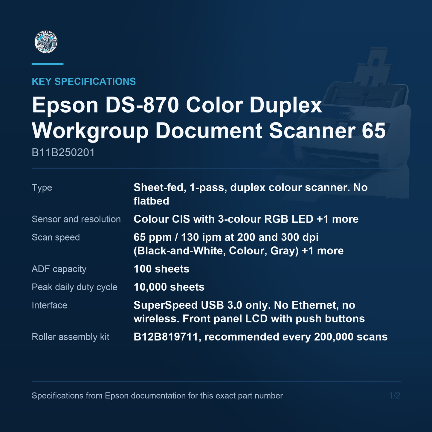 Epson DS-870 Color Duplex Workgroup Document Scanner 65 B11B250201 key specifications