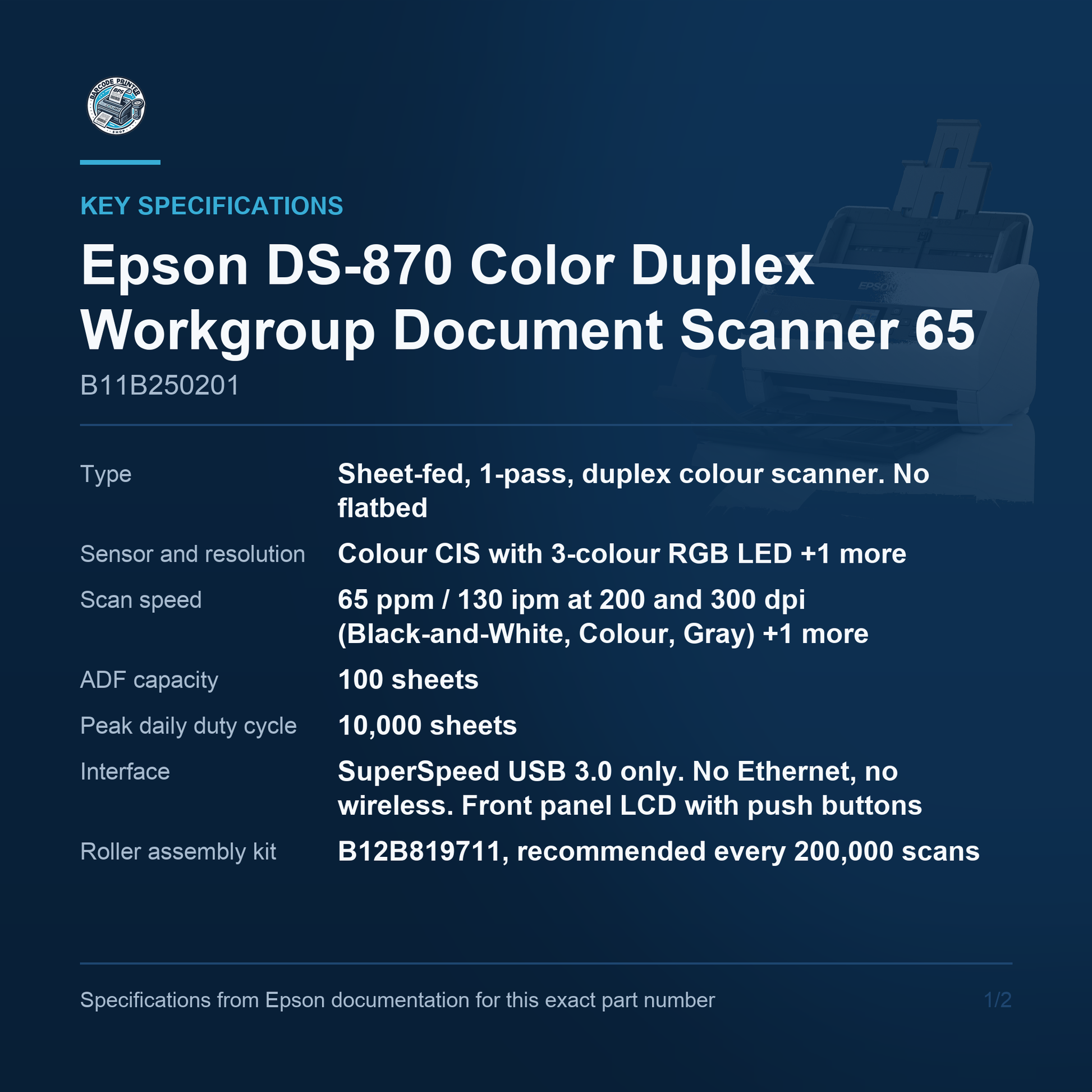 Epson DS-870 Color Duplex Workgroup Document Scanner 65 B11B250201 key specifications