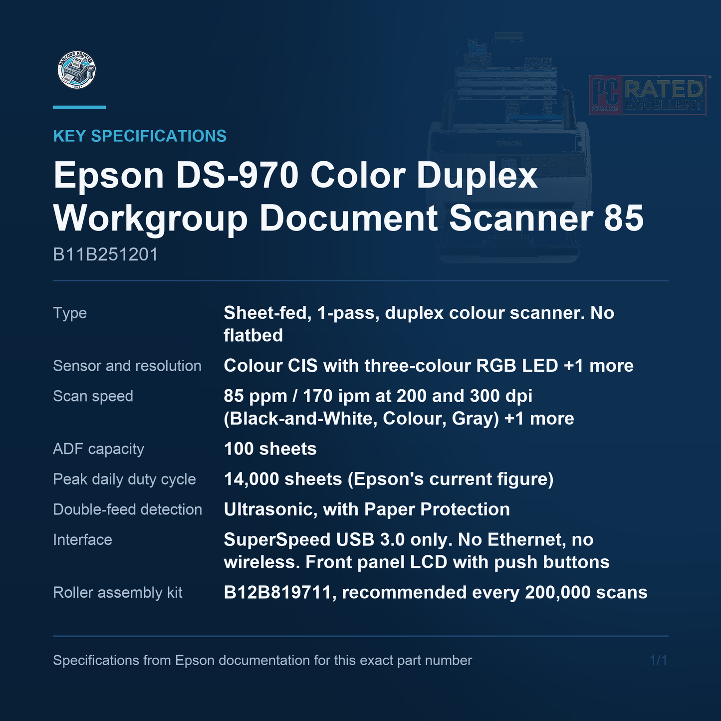 Epson DS-970 Color Duplex Workgroup Document Scanner 85 B11B251201 key specifications