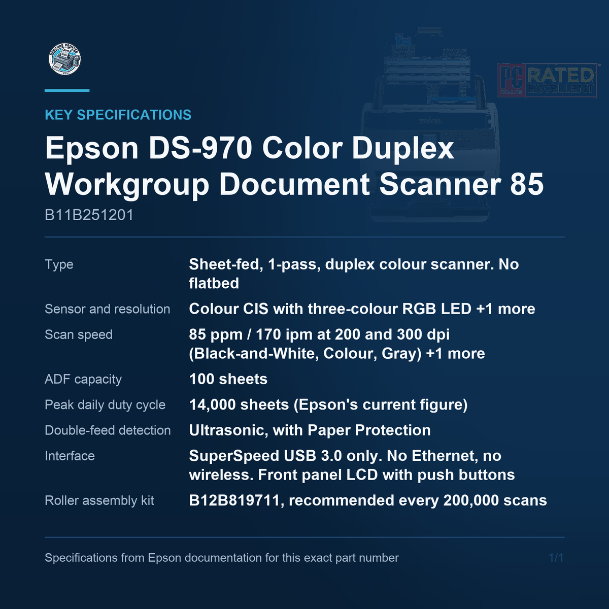 Epson DS-970 Color Duplex Workgroup Document Scanner 85 B11B251201 key specifications