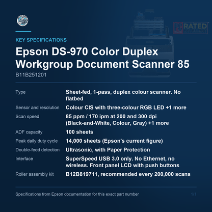 Epson DS-970 Color Duplex Workgroup Document Scanner 85 B11B251201 key specifications