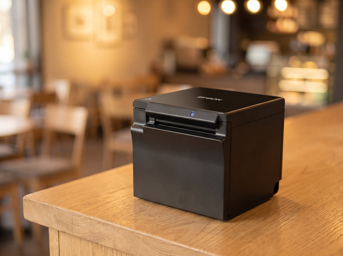 Epson OmniLink TM-m30II cube receipt printer in black on a cafe counter — AI-generated image