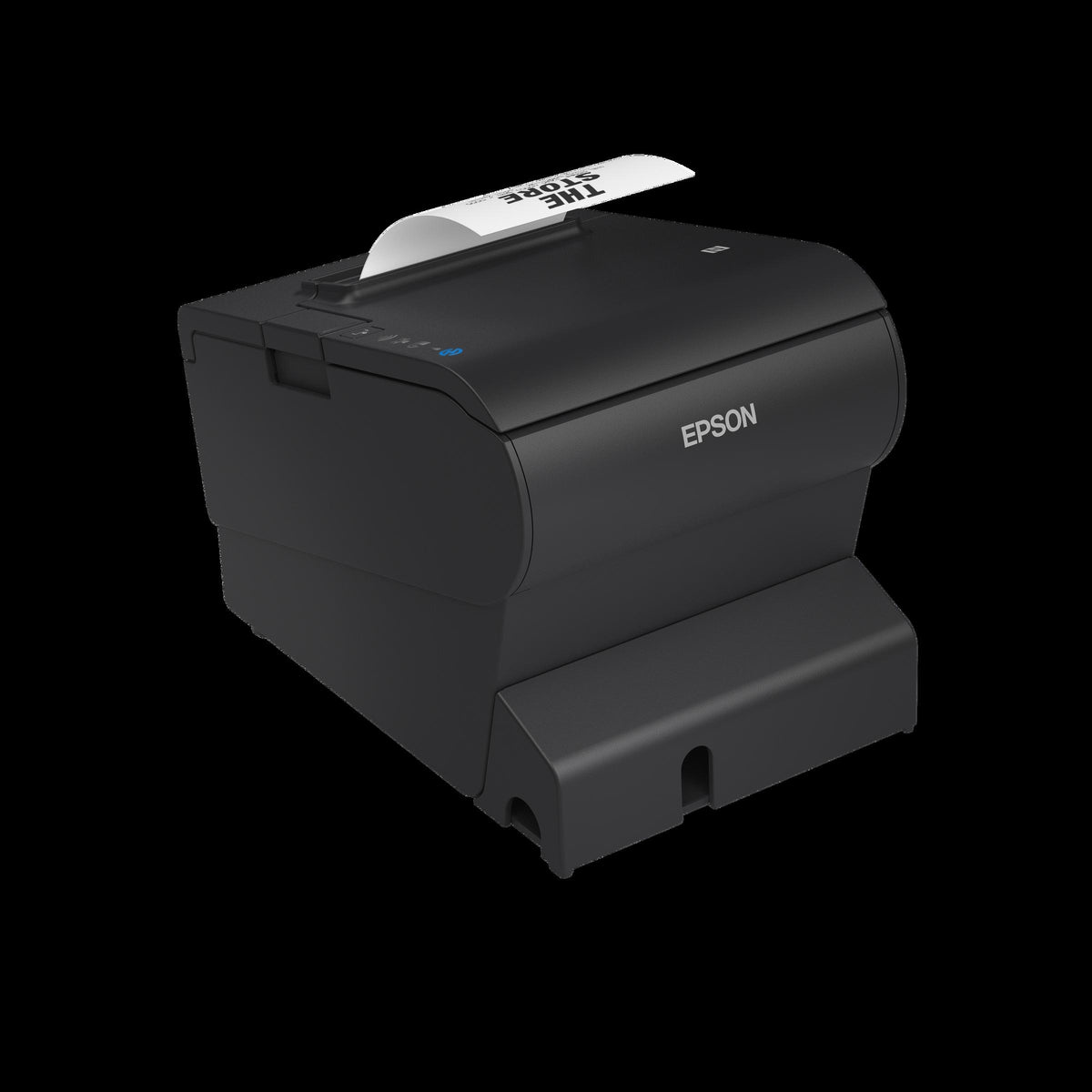 Epson OmniLink TM-T88VII thermal receipt printer in black, rear view showing the interface and power connectors