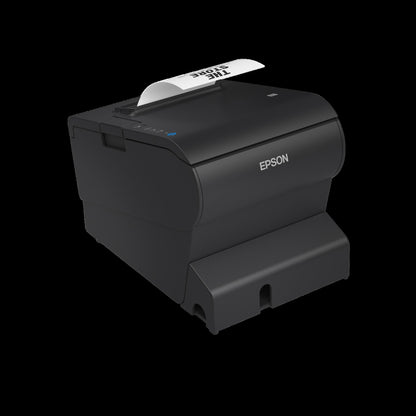 Epson OmniLink TM-T88VII thermal receipt printer in black, rear view showing the interface and power connectors