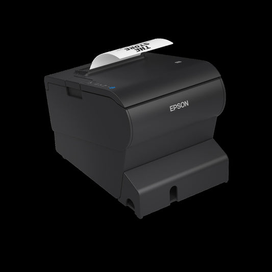 Epson OmniLink TM-T88VII thermal receipt printer in black, rear view showing the interface and power connectors
