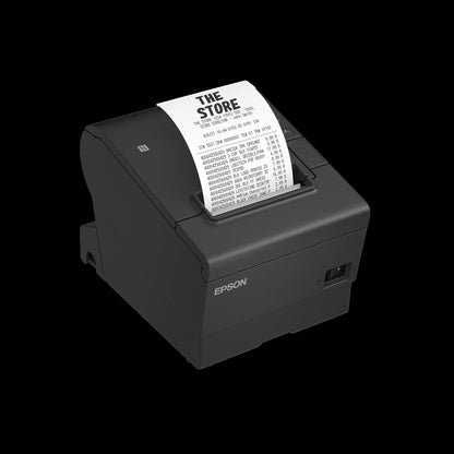 Epson OmniLink TM-T88VII thermal receipt printer in black, right three-quarter view with a receipt printing
