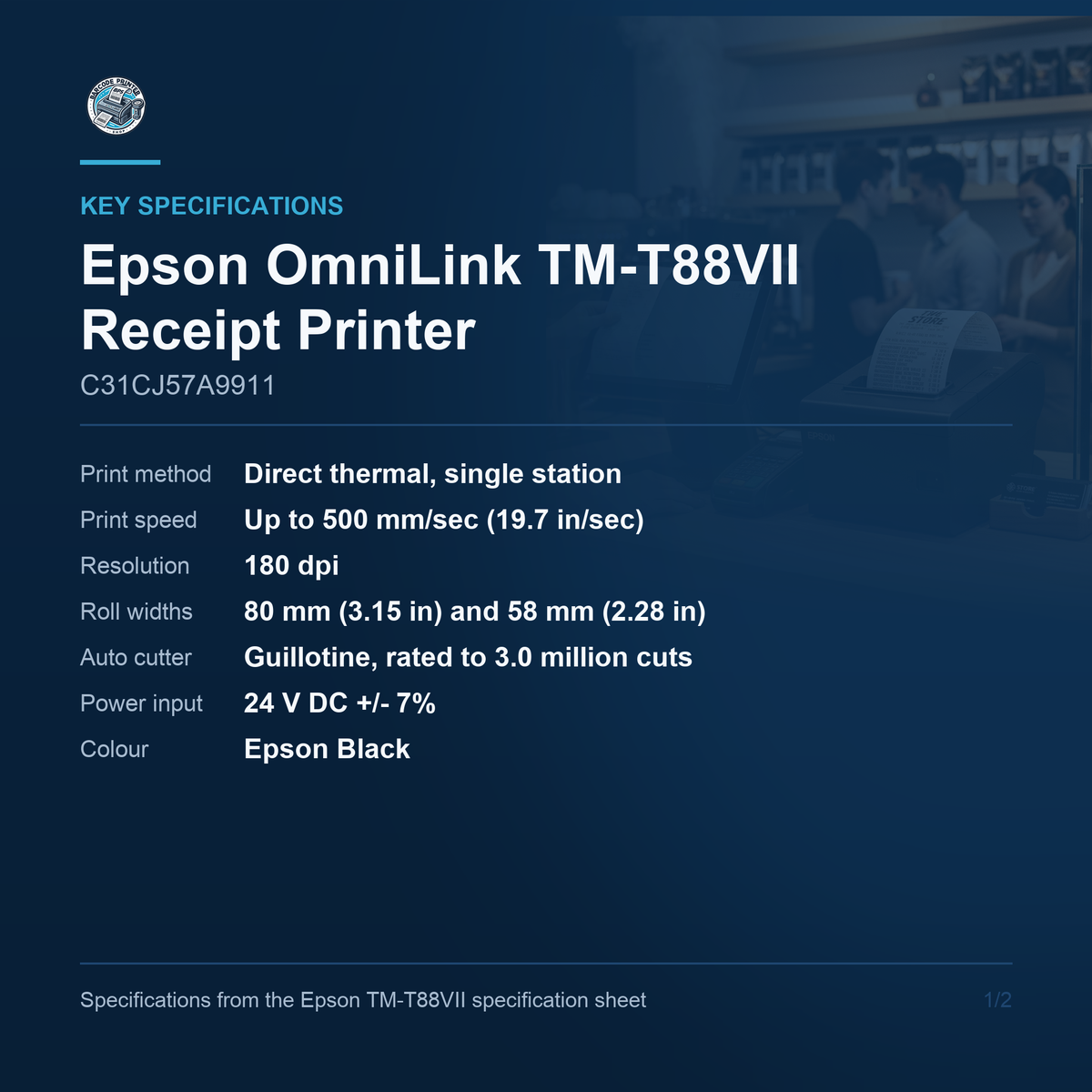 Epson OmniLink TM-T88VII Receipt Printer C31CJ57A9911 key specifications