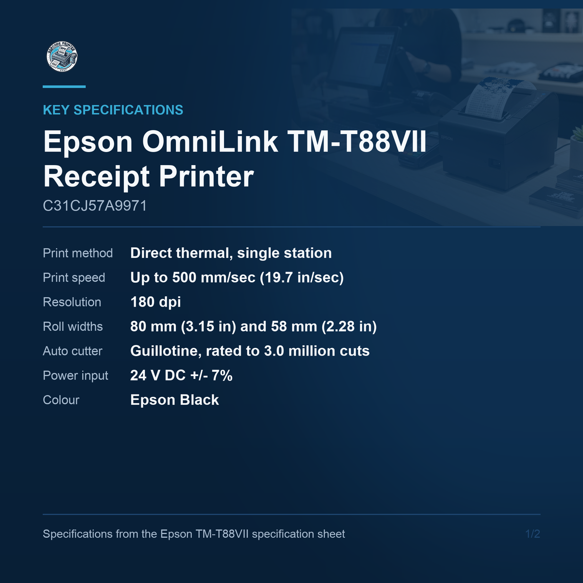 Epson OmniLink TM-T88VII Receipt Printer C31CJ57A9971 key specifications