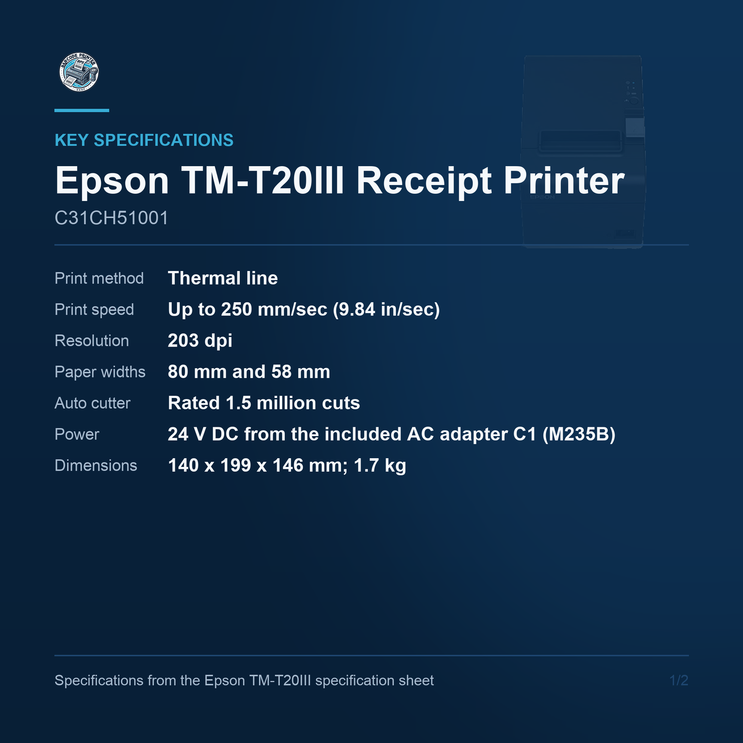 Epson TM-T20III Receipt Printer C31CH51001 key specifications