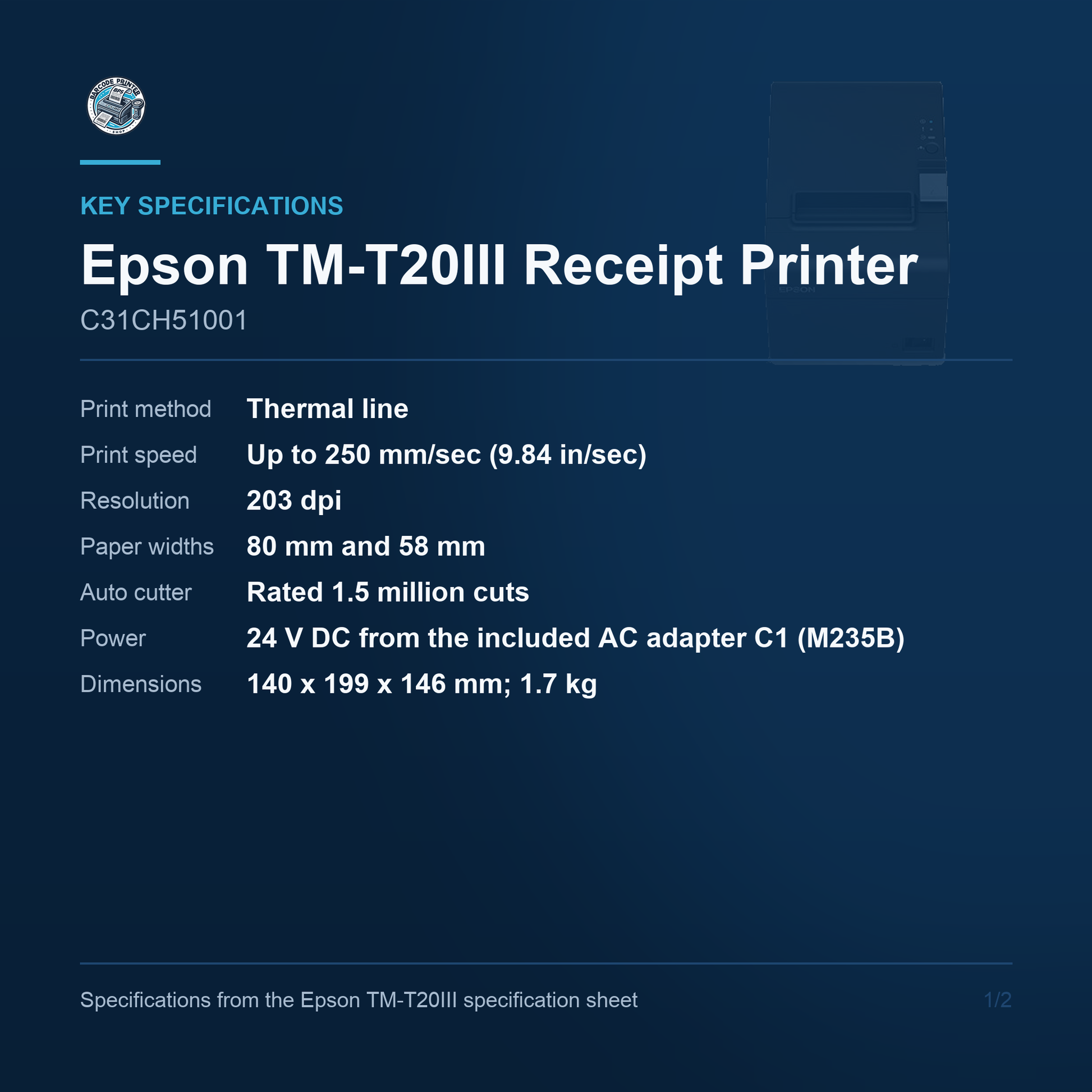 Epson TM-T20III Receipt Printer C31CH51001 key specifications