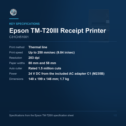 Epson TM-T20III Receipt Printer C31CH51001 key specifications