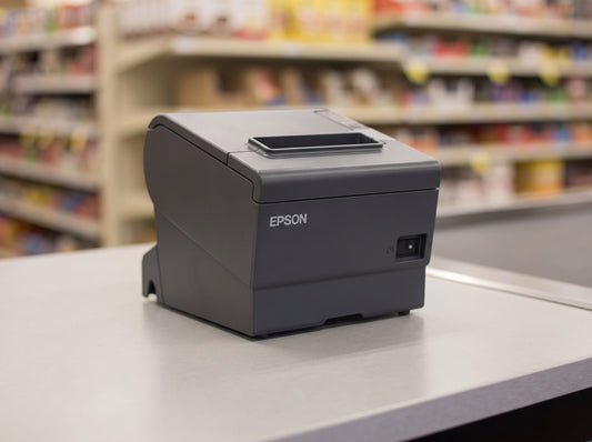 Epson TM-T88V thermal receipt printer in Epson Dark Gray on a retail checkout counter — AI-generated image