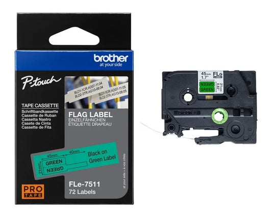 New, Pre-owned, Original Brother FLe-7511 Labelling Tape Cassette, Flag Tape, Black on Green, 21 mm (W) x 45 mm (L), 72 Labels