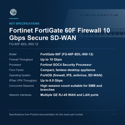 Fortinet FortiGate 60F Firewall 10 Gbps Secure FG-60F-BDL-950-12 key specifications
