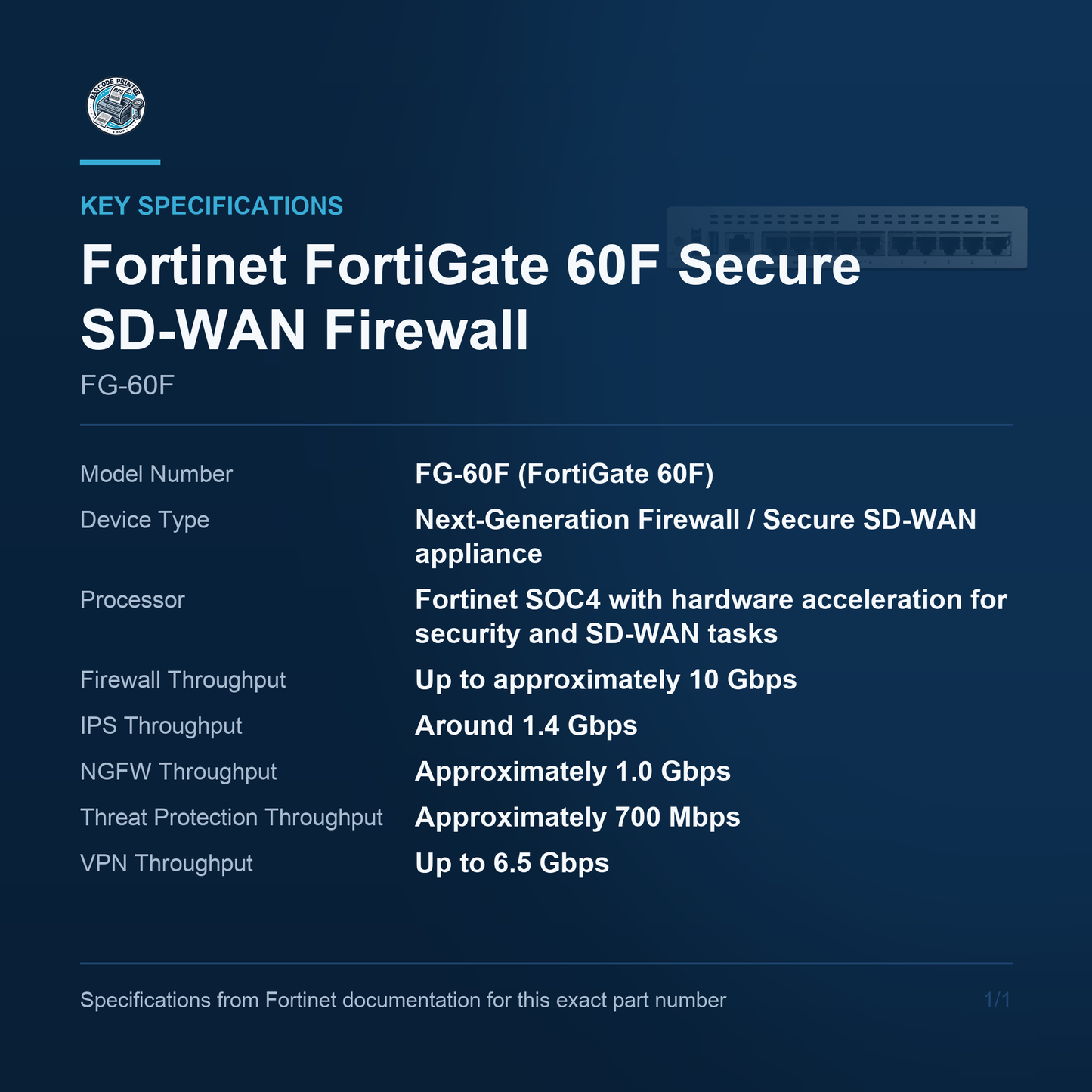 Fortinet FortiGate 60F Secure SD-WAN Firewall FG-60F key specifications