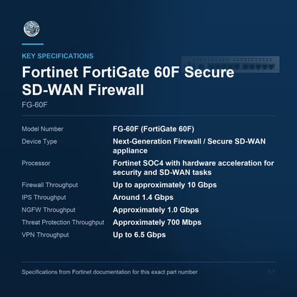 Fortinet FortiGate 60F Secure SD-WAN Firewall FG-60F key specifications