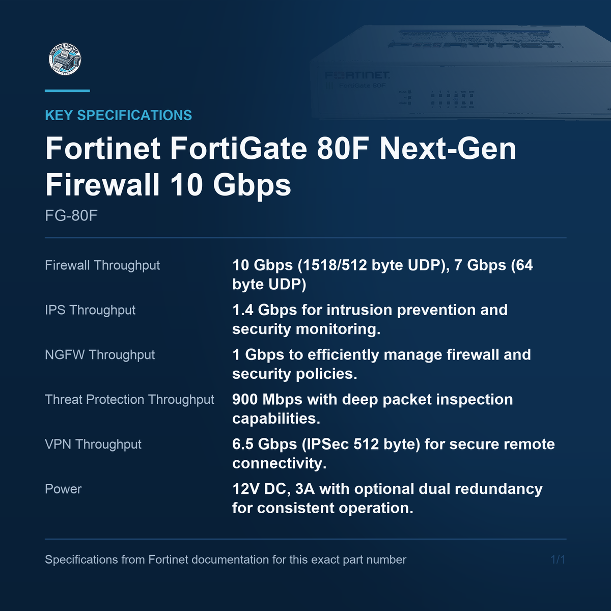 Fortinet FortiGate 80F Next-Gen Firewall 10 Gbps FG-80F key specifications