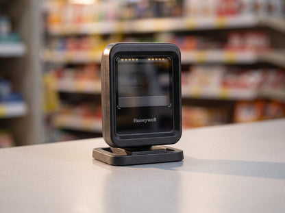 Honeywell Genesis XP 7680g hands-free presentation area imager on its stand on a retail checkout counter — AI-generated image