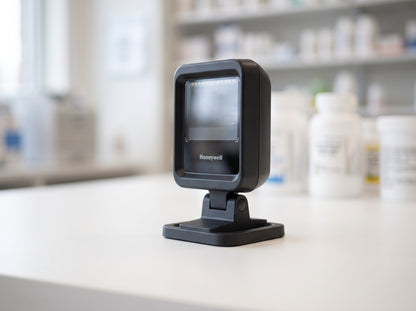 Honeywell Genesis XP 7680g hands-free presentation area imager on its stand on a cafe counter — AI-generated image
