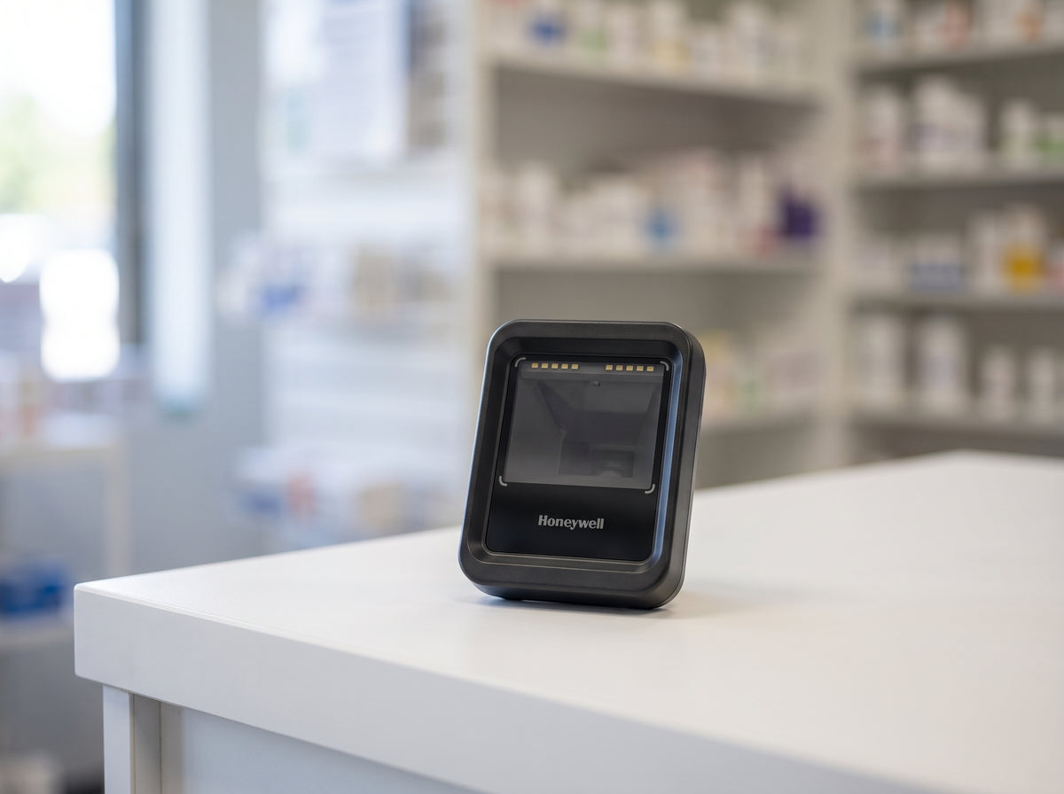 Honeywell Genesis XP 7680g hands-free presentation area imager in black on a retail checkout counter — AI-generated image