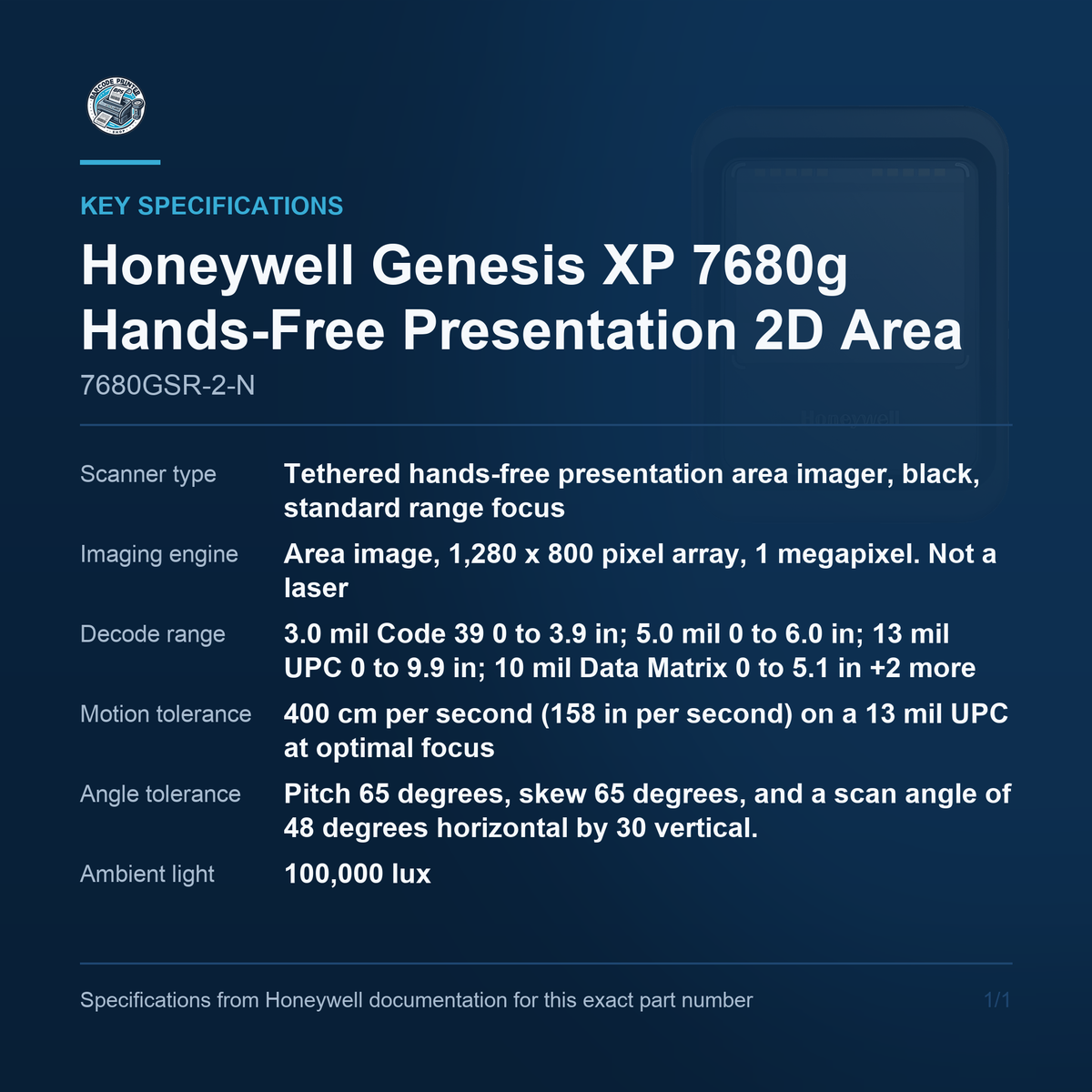 Honeywell Genesis XP 7680g Hands-Free Presentation 2D 7680GSR-2-N key specifications
