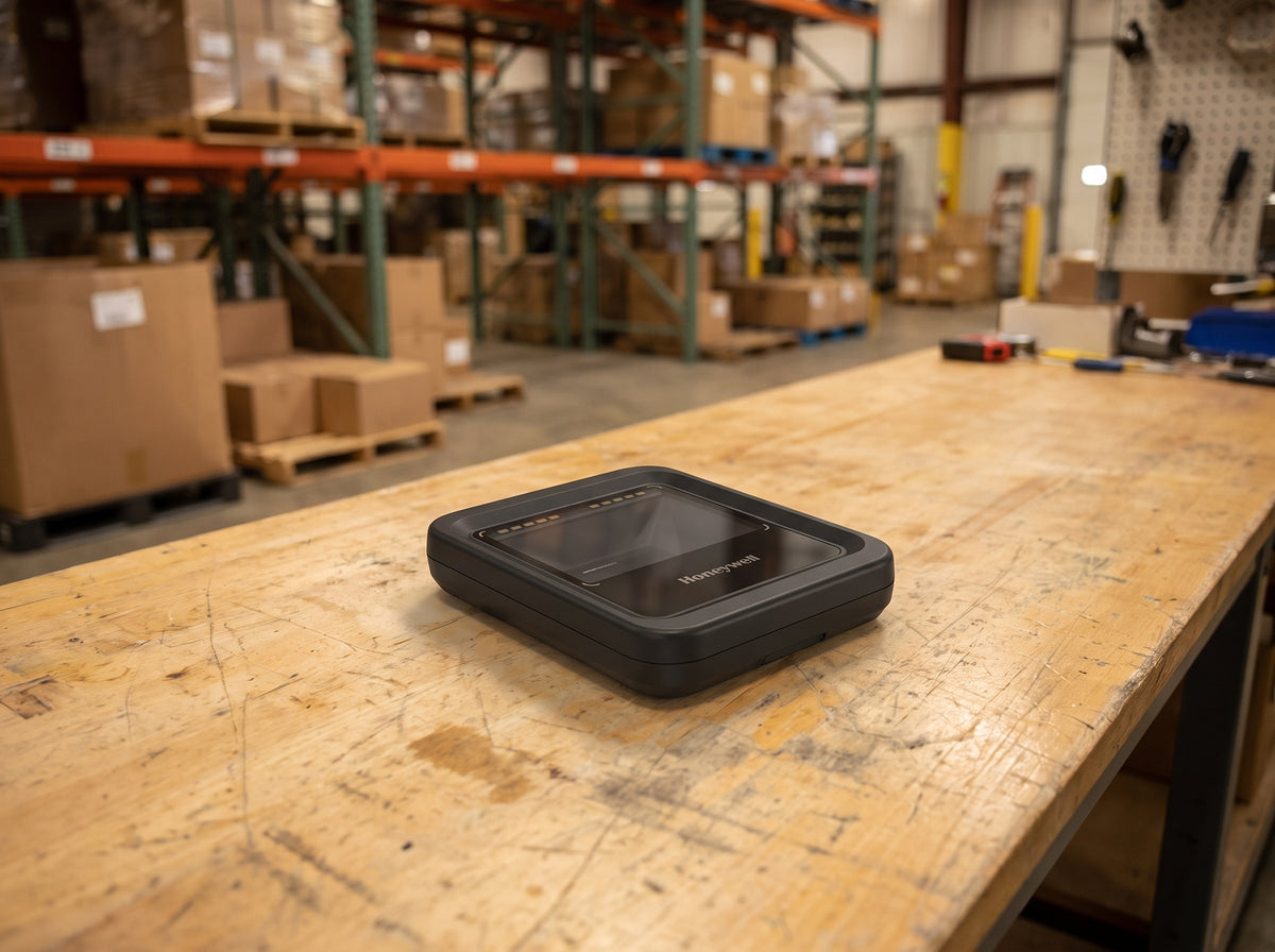 Honeywell Genesis XP 7680g hands-free presentation area imager in black on a warehouse packing bench — AI-generated image
