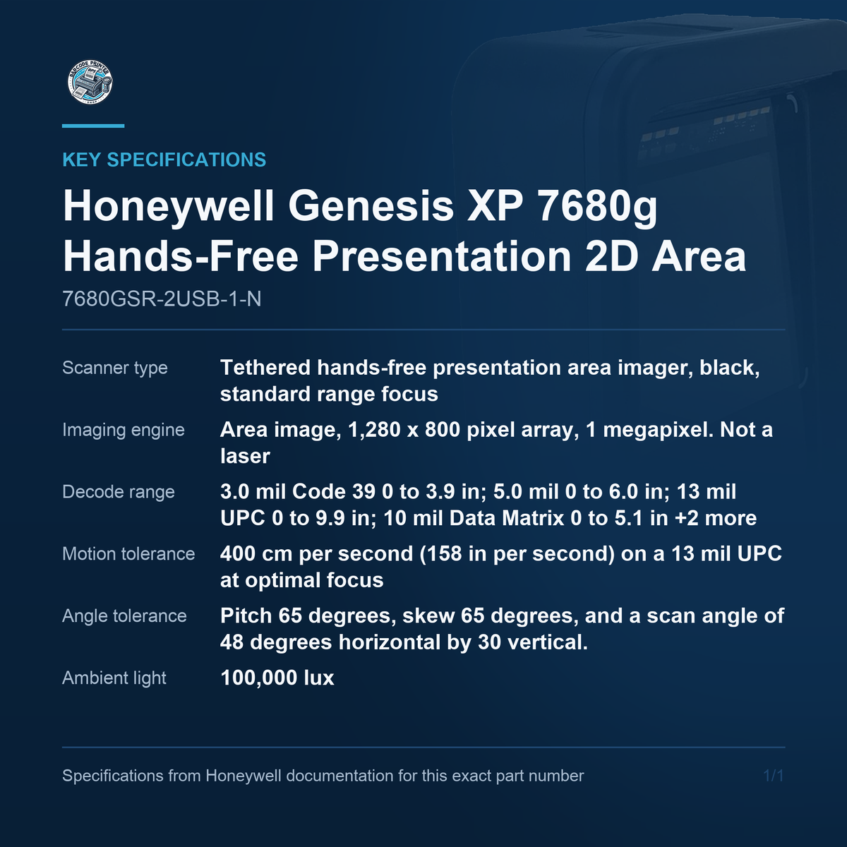 Honeywell Genesis XP 7680g Hands-Free Presentation 7680GSR-2USB-1-N key specifications