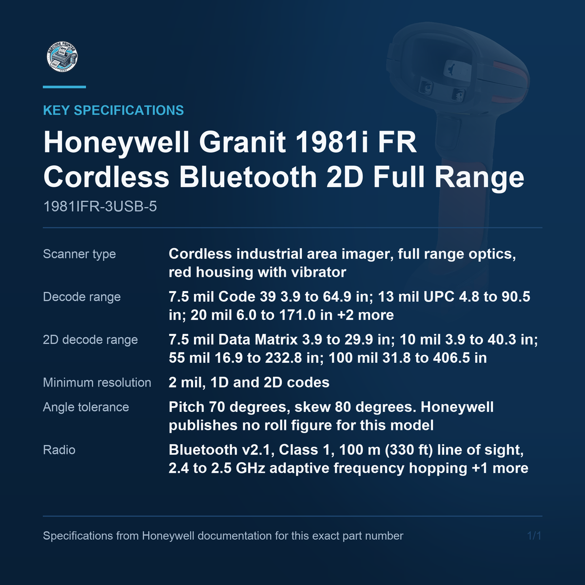 Honeywell Granit 1981i FR Cordless Bluetooth 2D Full 1981IFR-3USB-5 key specifications