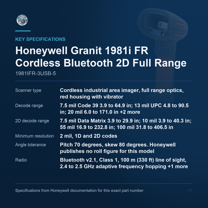 Honeywell Granit 1981i FR Cordless Bluetooth 2D Full 1981IFR-3USB-5 key specifications