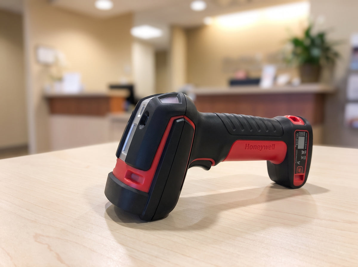 Honeywell Granit XP 1991i ultra-rugged cordless barcode scanner in black and red on a retail checkout counter — AI-generated image
