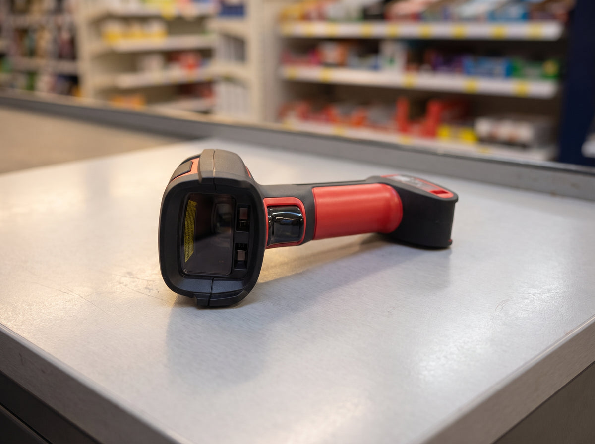 Honeywell Granit XP 1991i ultra-rugged cordless barcode scanner in black and red on a retail checkout counter — AI-generated image