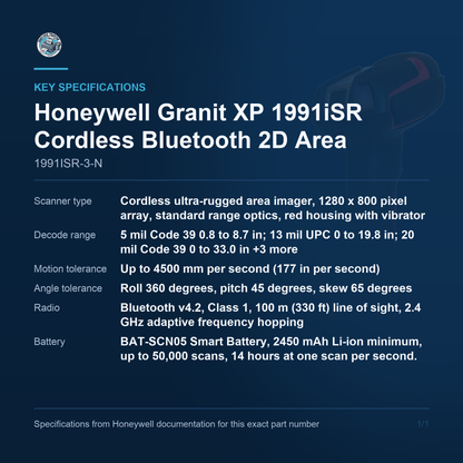 Honeywell Granit XP 1991iSR Cordless Bluetooth 2D Area 1991ISR-3-N key specifications