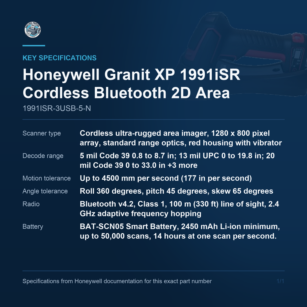 Honeywell Granit XP 1991iSR Cordless Bluetooth 2D 1991ISR-3USB-5-N key specifications