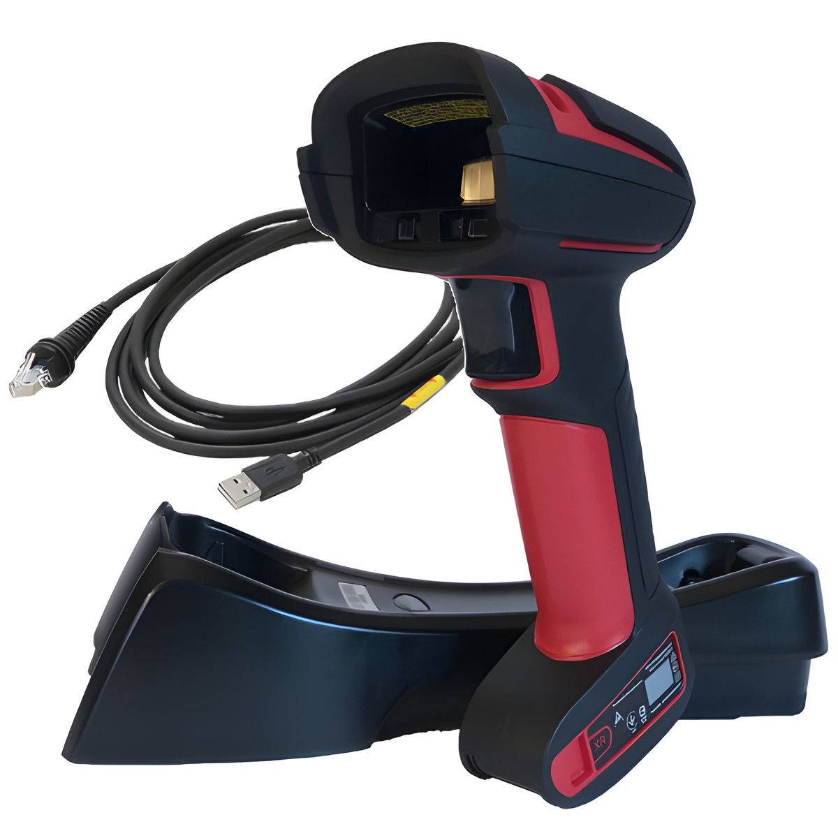 Honeywell Granit XP 1991iSR cordless scanner on its charge base with USB cable