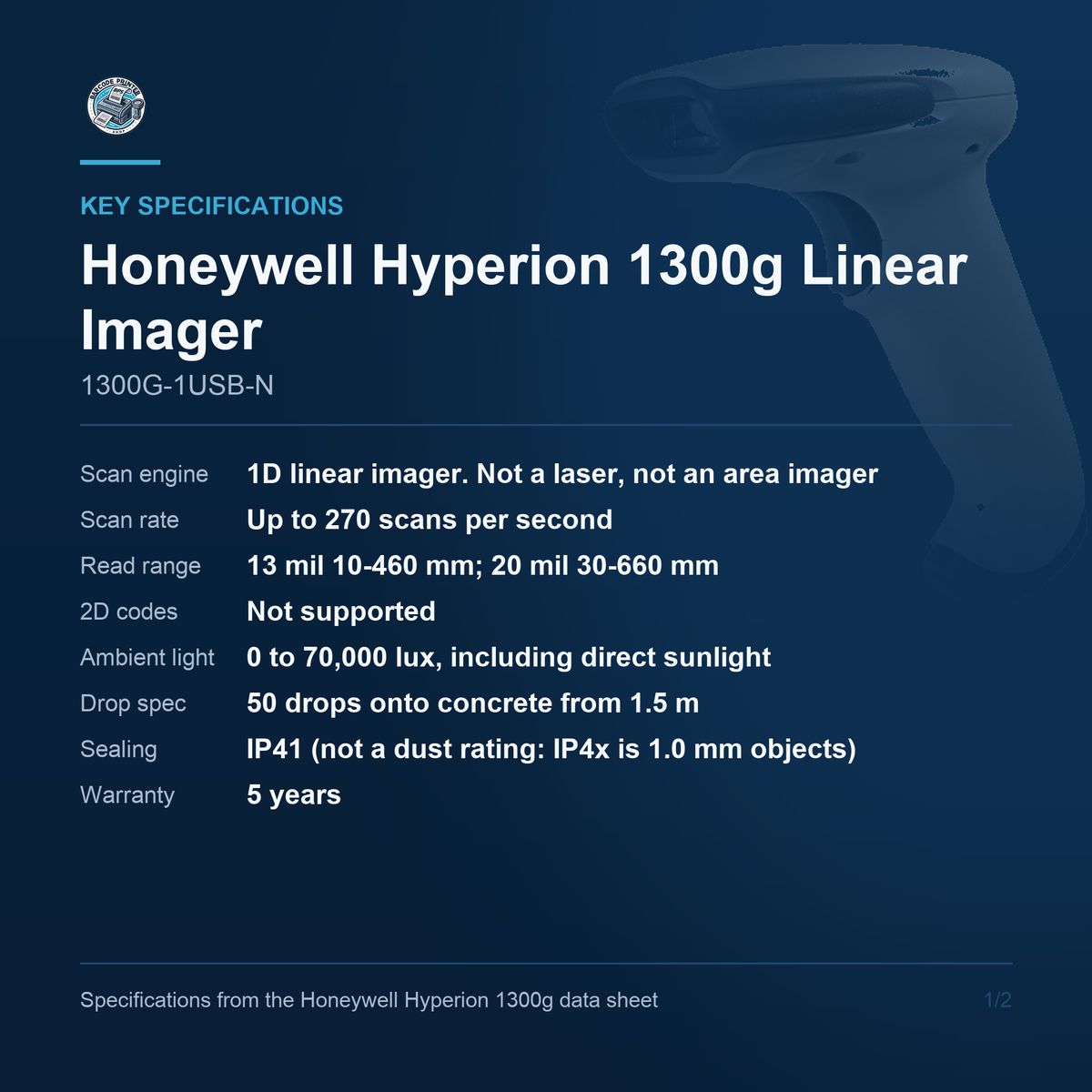 Honeywell Hyperion 1300g Linear Imager 1300G-1USB-N key specifications