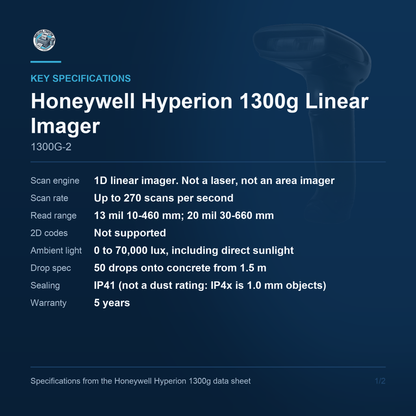 Honeywell Hyperion 1300g Linear Imager 1300G-2 key specifications