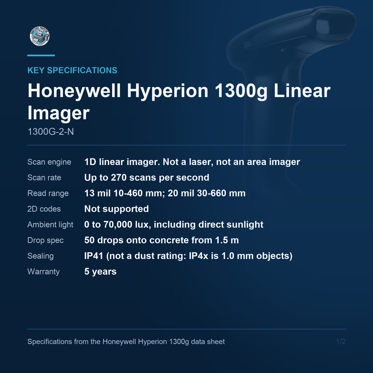 Honeywell Hyperion 1300g Linear Imager 1300G-2-N key specifications