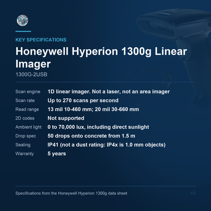 Honeywell Hyperion 1300g Linear Imager 1300G-2USB key specifications