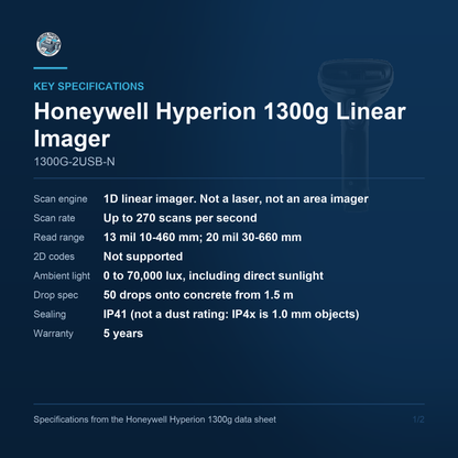 Honeywell Hyperion 1300g Linear Imager 1300G-2USB-N key specifications