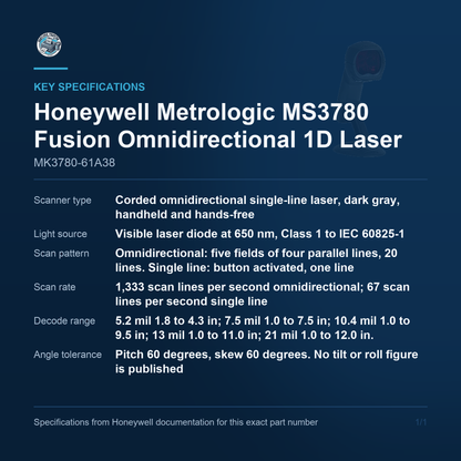 Honeywell Metrologic MS3780 Fusion Omnidirectional 1D MK3780-61A38 key specifications