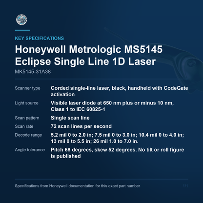 Honeywell Metrologic MS5145 Eclipse Single Line 1D Laser MK5145-31A38 key specifications